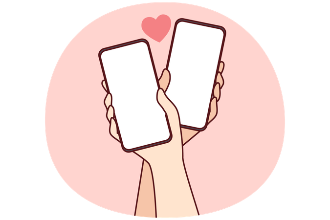 Paar Hände mit Handys und Internet-Dating  Illustration
