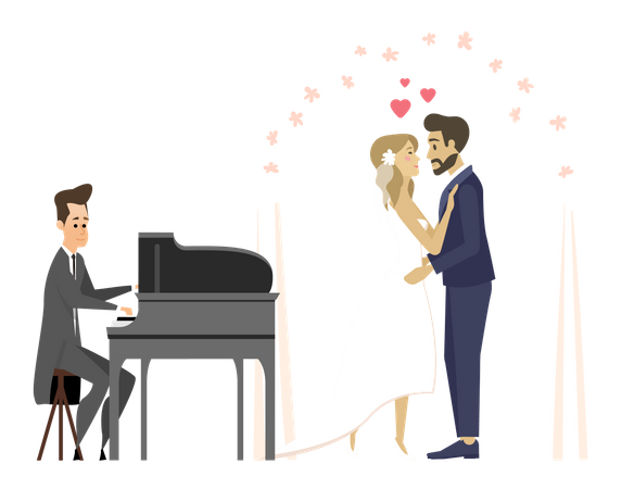 Paar heiratet, während an der Seite ein Pianist spielt  Illustration