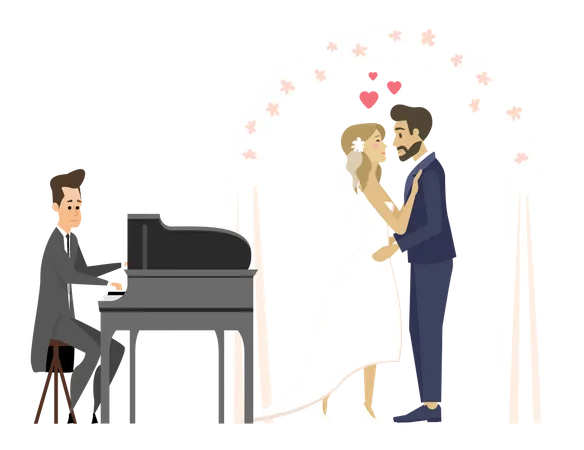 Paar heiratet, während an der Seite ein Pianist spielt  Illustration