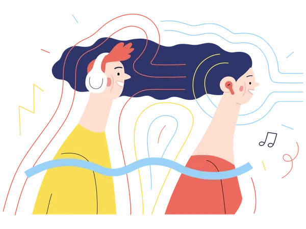Paar hört Podcast über Kopfhörer  Illustration