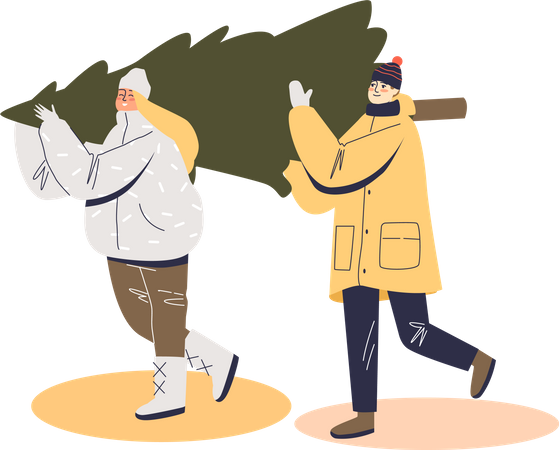 Paar in warmer Kleidung trägt Tannenbaum  Illustration