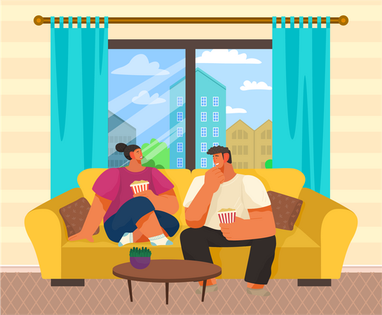 Paar isst Popcorn und sieht sich einen Film an  Illustration