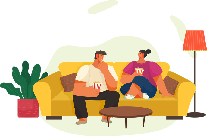 Paar isst Popcorn, während es auf der Couch sitzt  Illustration