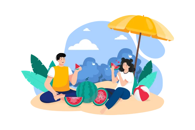 Paar isst Wassermelone am Strand  Illustration