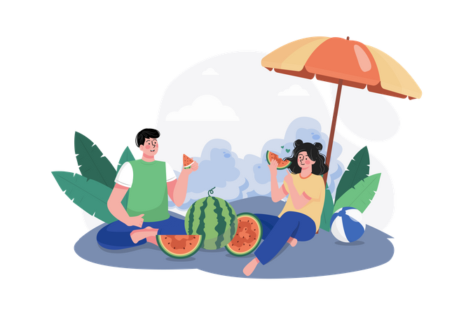 Paar isst Wassermelone am Strand  Illustration