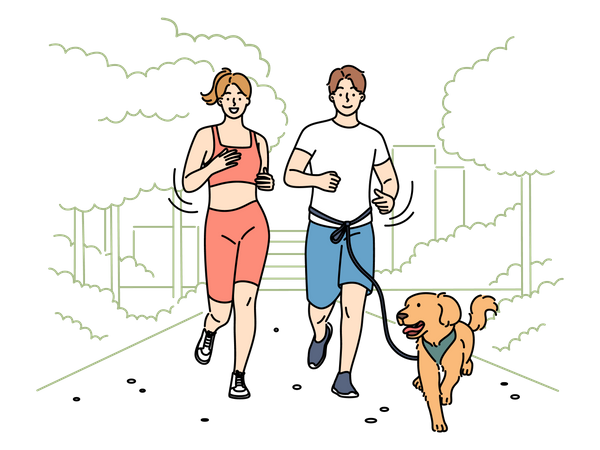 Paar joggt morgens mit Hund  Illustration