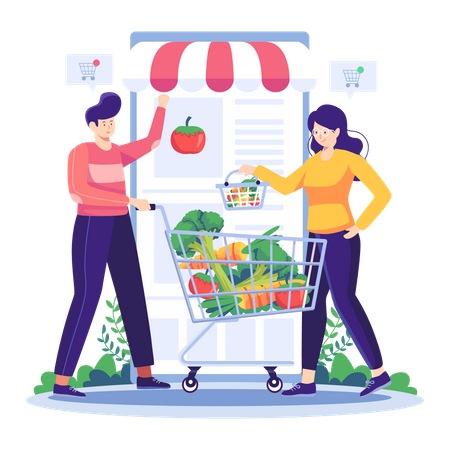 Paar kauft Gemüse per Online-App ein  Illustration