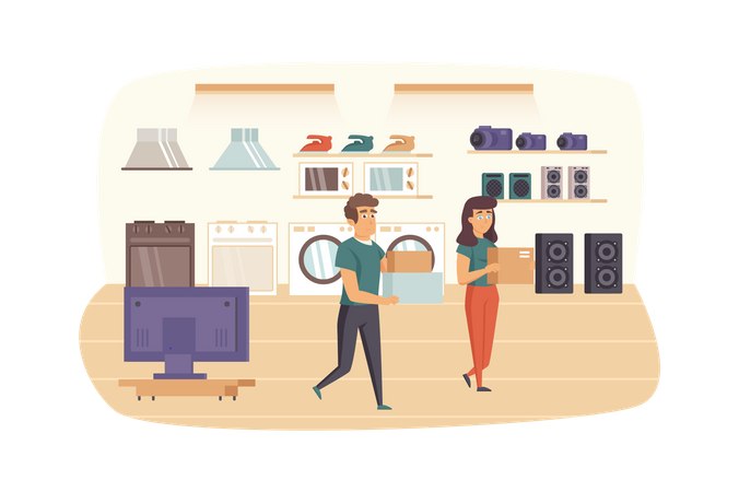 Paar beim Einkaufen im Haushaltsgerätegeschäft  Illustration