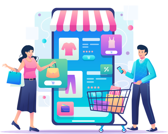 Paar kauft über Online-Shopping-App ein  Illustration