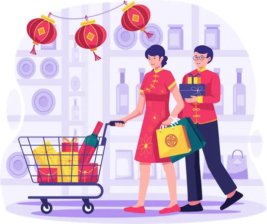 Ein Paar Kauft Im Lebensmittelgeschaft Ein Eine Frau Halt Einen Einkaufswagen Und Ein Mann Halt Geschenke Chinesische Neujahrs Shoppingillustration Illustration