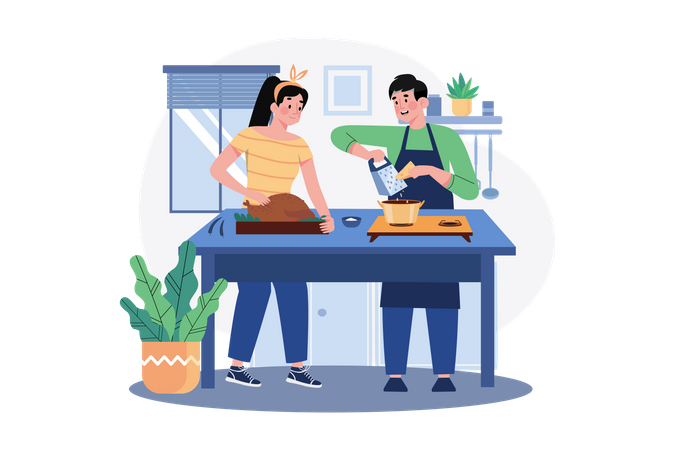 Paar kocht gemeinsam Hühnchengericht in der Küche  Illustration
