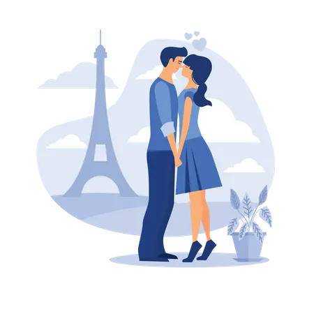 Paar küsst sich am Eiffelturm  Illustration