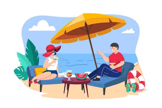 Paar liegt auf Strandliege und trinkt Cocktail  Illustration