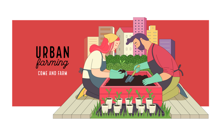 Paar betreibt urbane Landwirtschaft und Gartenarbeit  Illustration