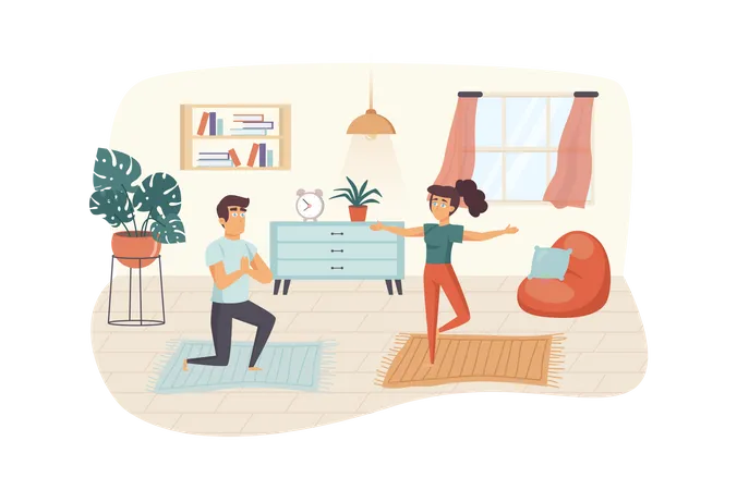 Paar praktiziert Yoga im Zimmer  Illustration