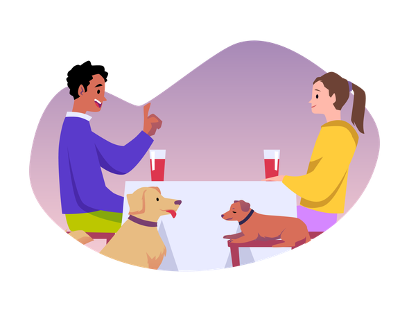 Paar mit Haustieren im Gespräch am Tisch im Café  Illustration