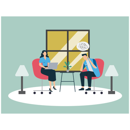 Paar nimmt an Therapiesitzung im gemütlichen Zimmer teil  Illustration