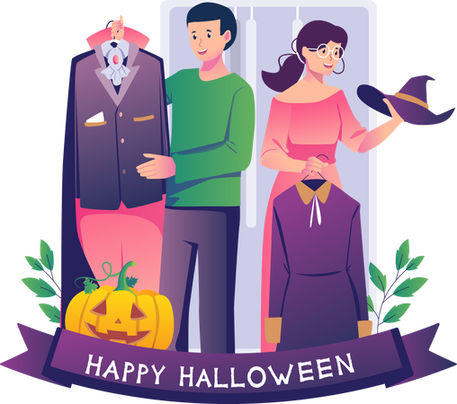 Paar probiert gruselige Outfits an, um sich auf die Halloween-Party vorzubereiten  Illustration