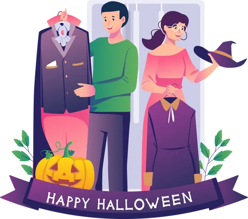 Paar probiert gruselige Outfits an, um sich auf die Halloween-Party vorzubereiten  Illustration