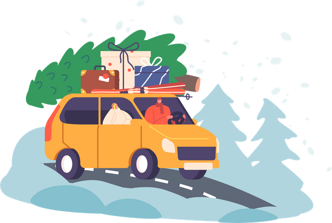 Paar reist mit Tannenbaum und Taschen im Auto in die Weihnachtsferien  Illustration