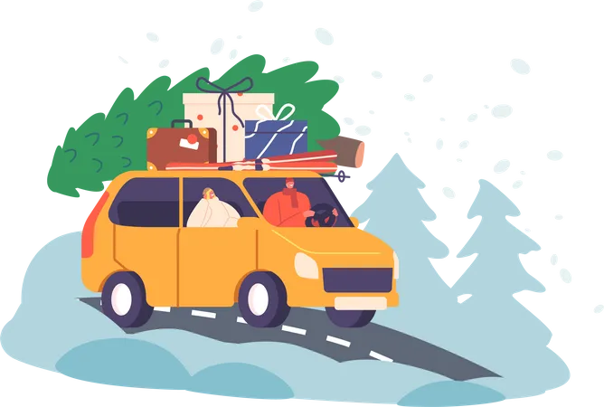 Paar reist mit Tannenbaum und Taschen im Auto in die Weihnachtsferien  Illustration