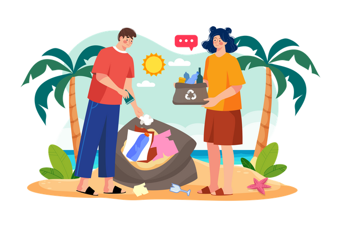 Paar sammelt Müll vom Strand  Illustration