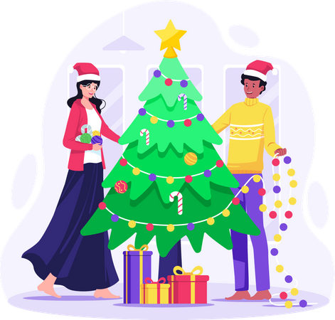 Paar schmückt gemeinsam den Weihnachtsbaum zu Weihnachten  Illustration