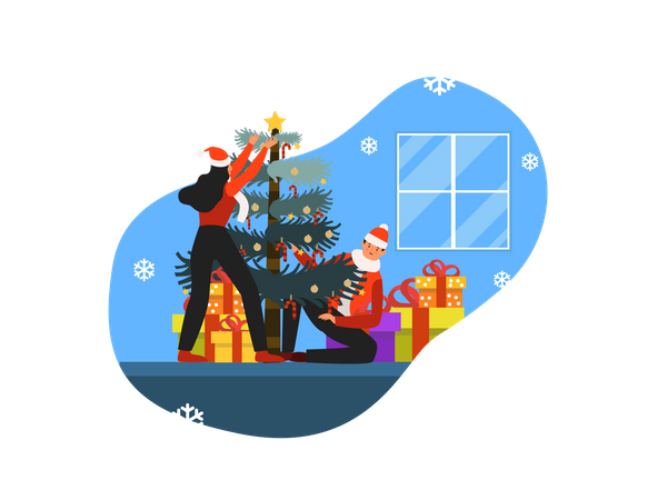 Paar schmücken weihnachtsbaum  Illustration