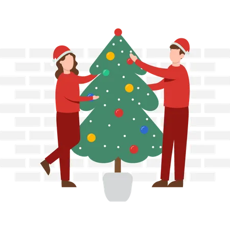 Paar schmücken weihnachtsbaum  Illustration