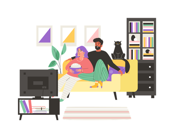 Paar sieht mit Katze auf der Couch fern  Illustration