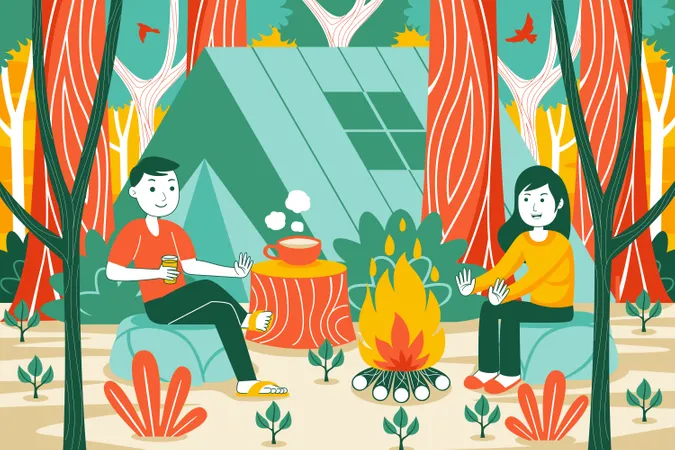 Paar sitzt am Lagerfeuer  Illustration