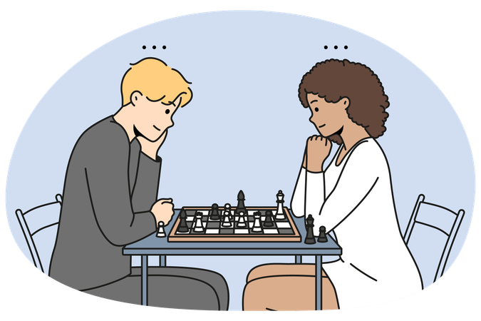 Paar sitzt am Tisch und spielt Schach  Illustration