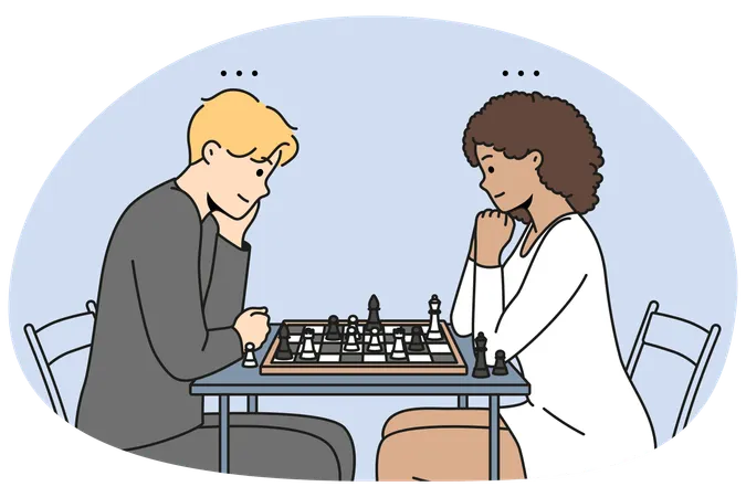 Paar sitzt am Tisch und spielt Schach  Illustration