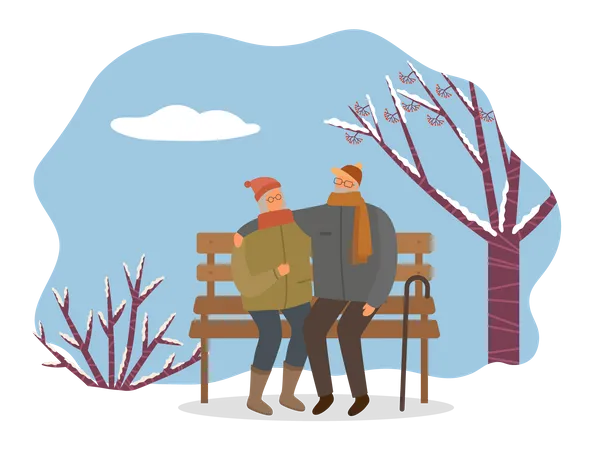 Paar sitzt auf Bank im winter  Illustration
