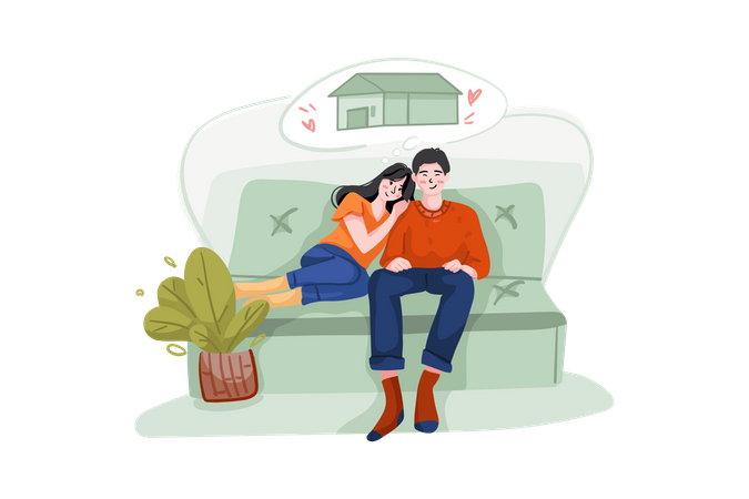 Paar sitzt auf dem Sofa und denkt über neues Haus nach  Illustration