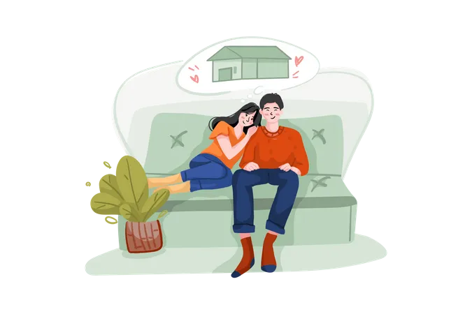Paar sitzt auf dem Sofa und denkt über neues Haus nach  Illustration