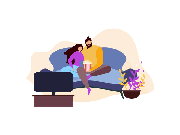 Paar sitzt auf dem Sofa und sieht fern und isst Popcorn  Illustration