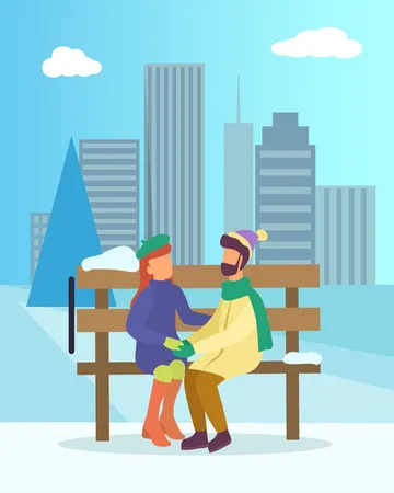 Paar sitzt im Park und trägt Winterkleidung  Illustration