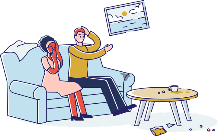 Paar sitzt in einem unordentlichen Wohnzimmer  Illustration