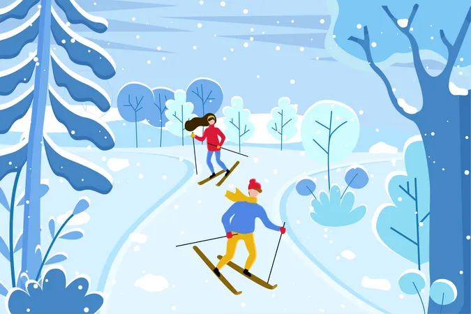 Paar Skifahren  Illustration