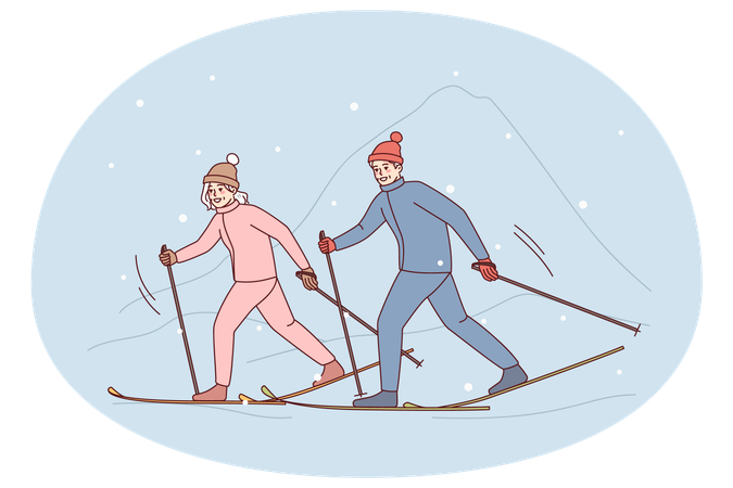 Paar Skifahren im Schnee  Illustration