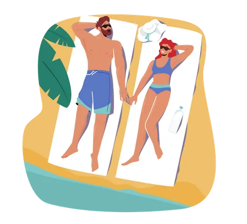 Paar Sonnenbaden am Strand auf Matte mit Sonnenschutzcreme  Illustration