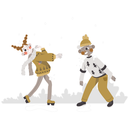 Paar spielt mit schneebällen  Illustration
