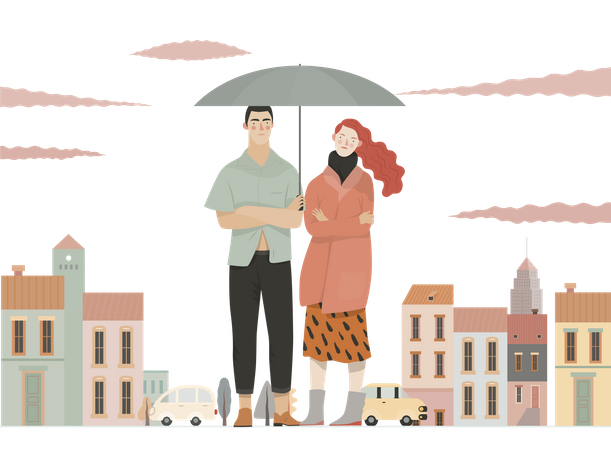 Paar steht im Regen mit Regenschirm  Illustration
