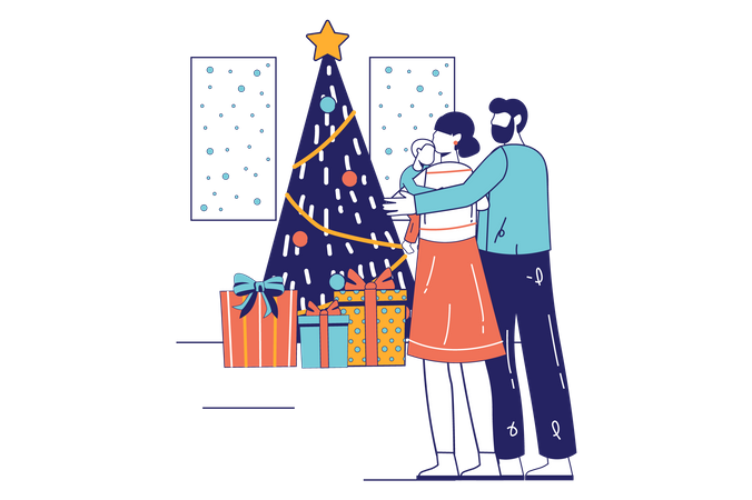 Paar steht in der Nähe von Weihnachtsbaum  Illustration