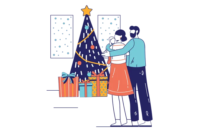 Paar steht in der Nähe von Weihnachtsbaum  Illustration