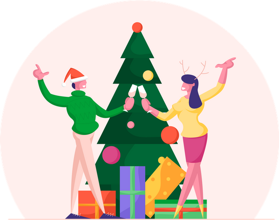 Paar stößt mit Weinglas an und feiert Weihnachten  Illustration