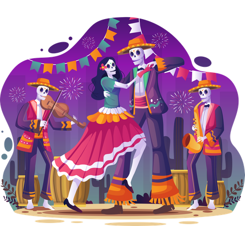 Paare tanzen in mexikanischer Halloween-Feiertagsparty  Illustration