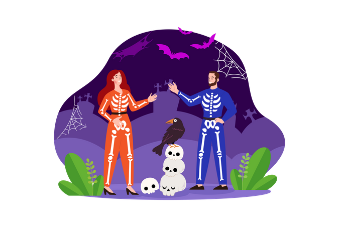 Paar trägt gruseliges Halloweenkostüm  Illustration