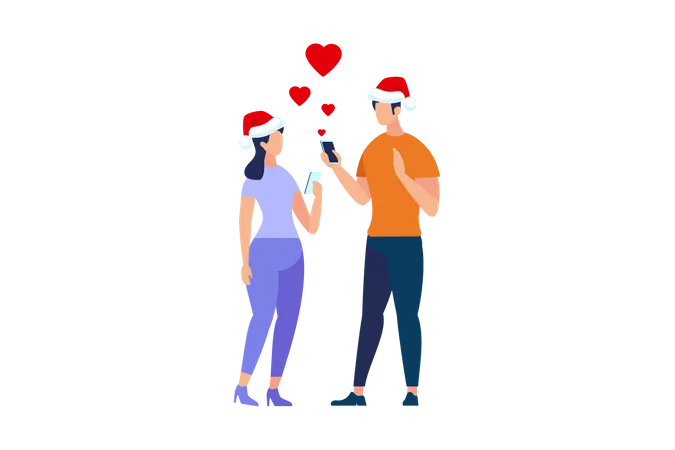 Paar mit Weihnachtsmütze beim Liebeschat  Illustration